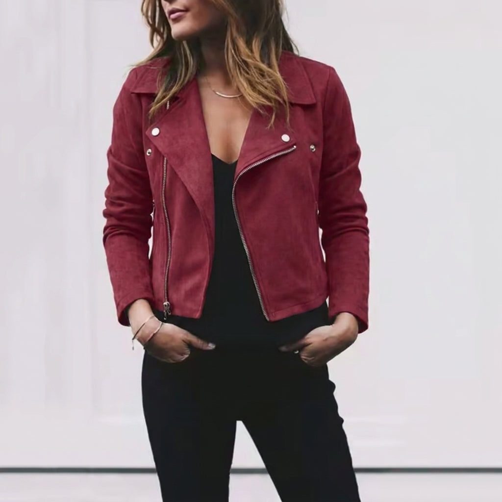 Cropped Suede Jacket with Lapel Collar for Women - Burgundy