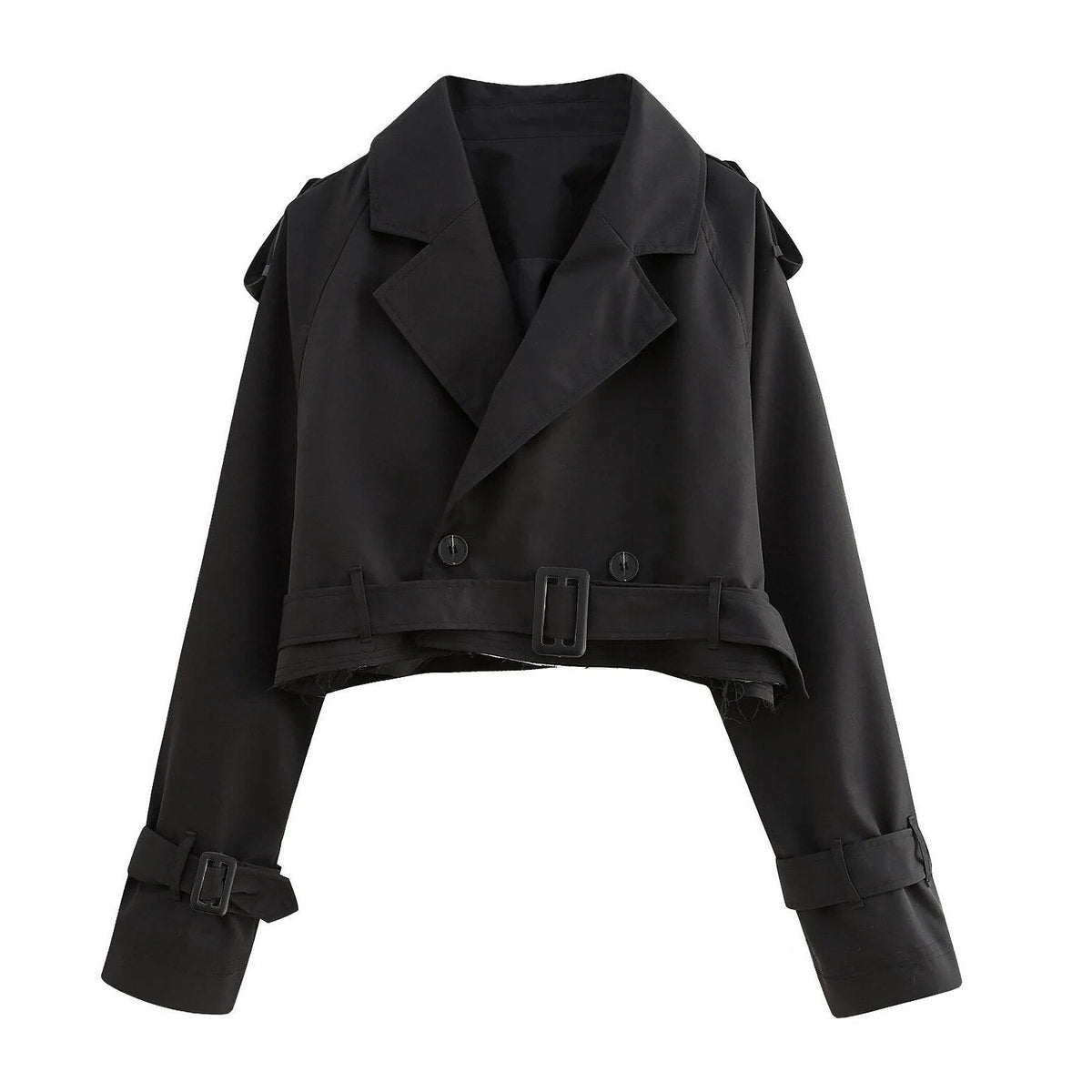 Cropped Trench Coat with Belt for Women - Black