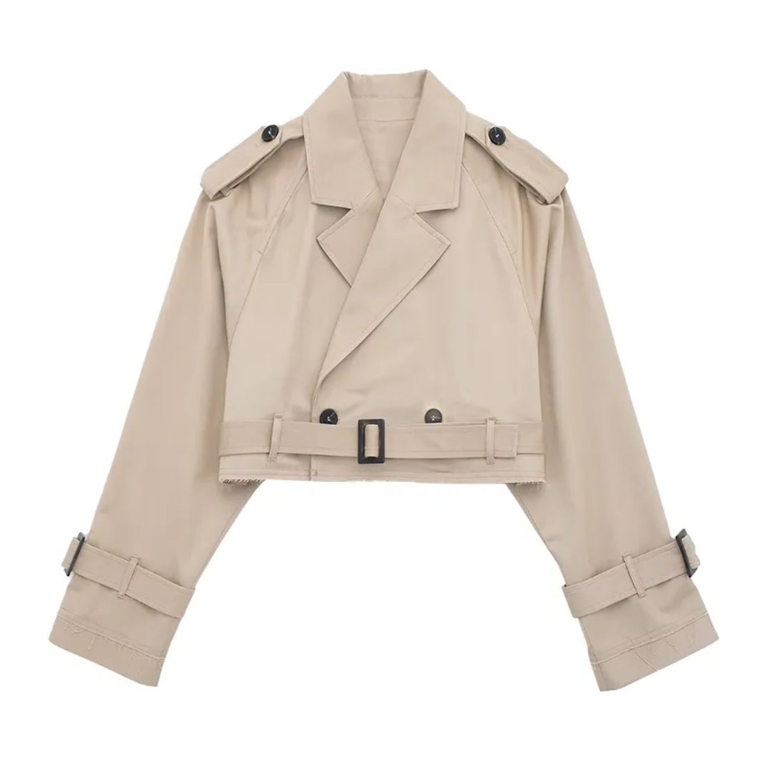 Cropped Trench Coat with Belt for Women - Khaki