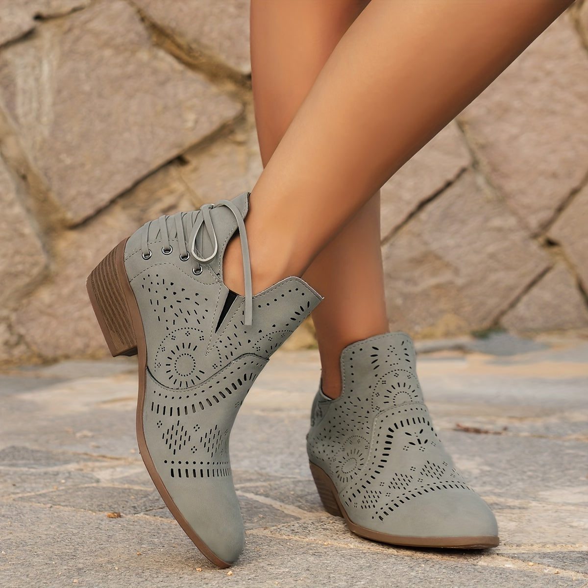 Cutout Block Heel Ankle Boots for Women