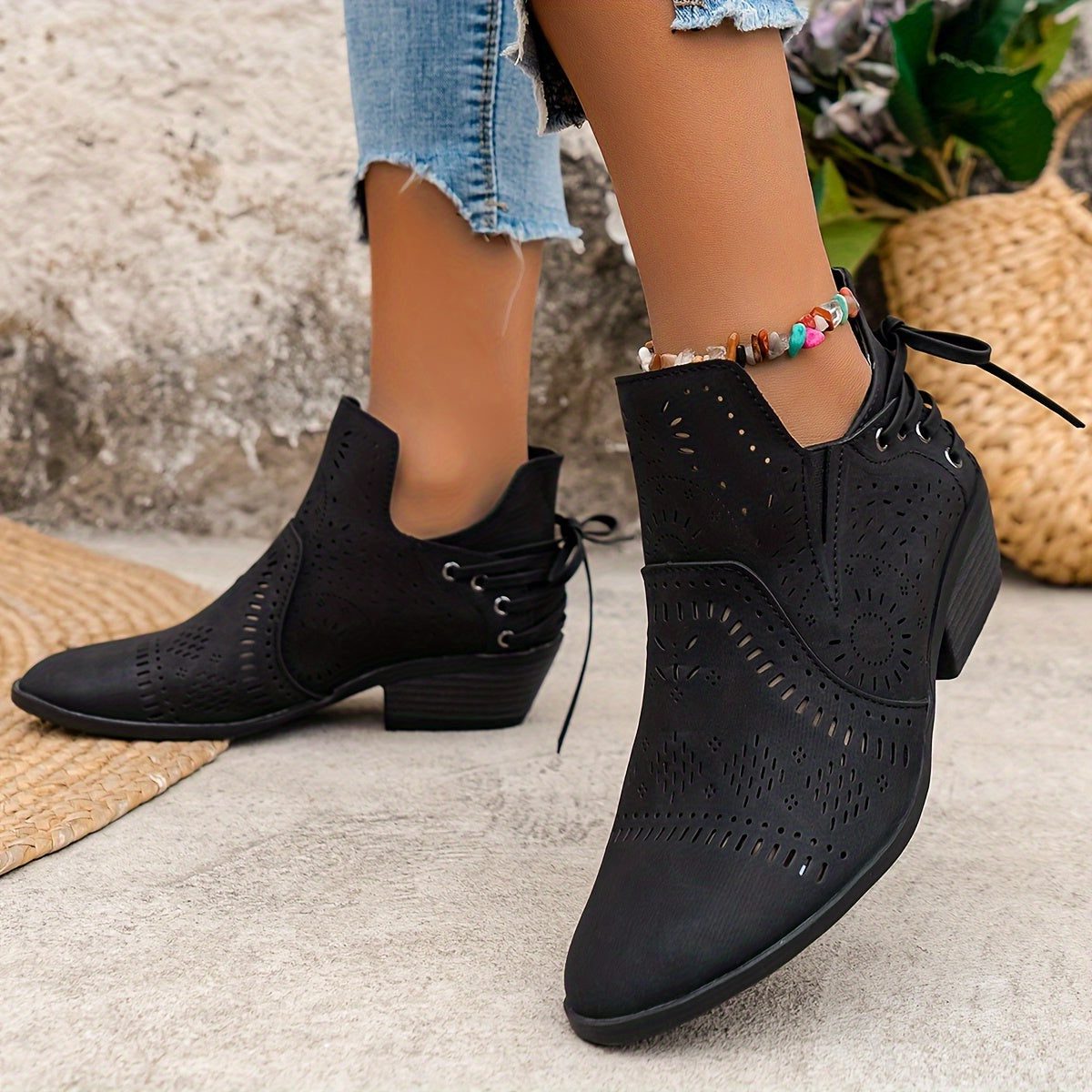 Cutout Block Heel Ankle Boots for Women - Black