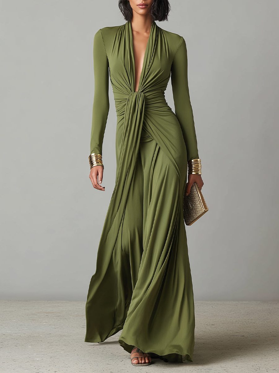 Deep V-Neck Maxi Dress with Ruched Detail for Women