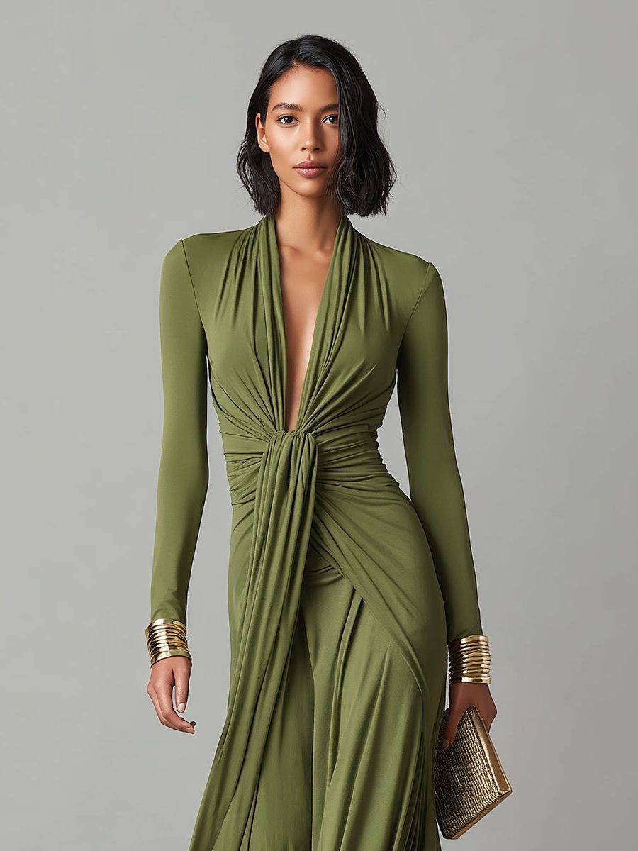 Deep V-Neck Maxi Dress with Ruched Detail for Women - View 2