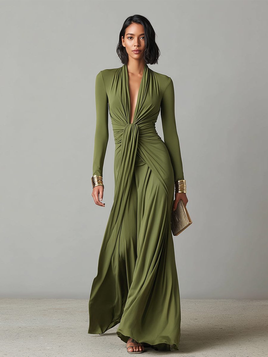 Deep V-Neck Maxi Dress with Ruched Detail for Women - View 4