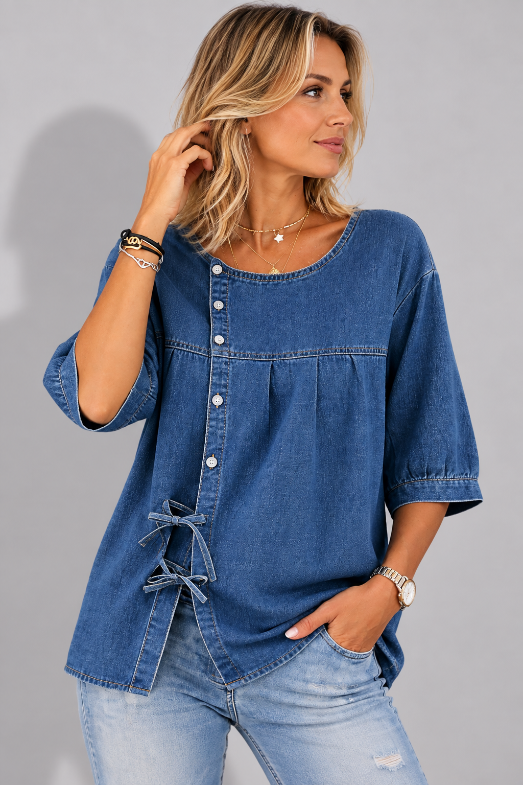 Button-Down Denim Blouse with Side Ties for Women