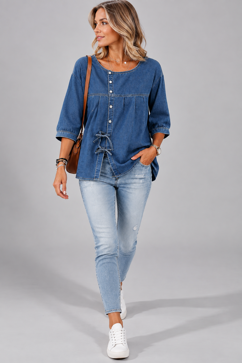 Denim Button-Down Blouse with Side Ties for Women