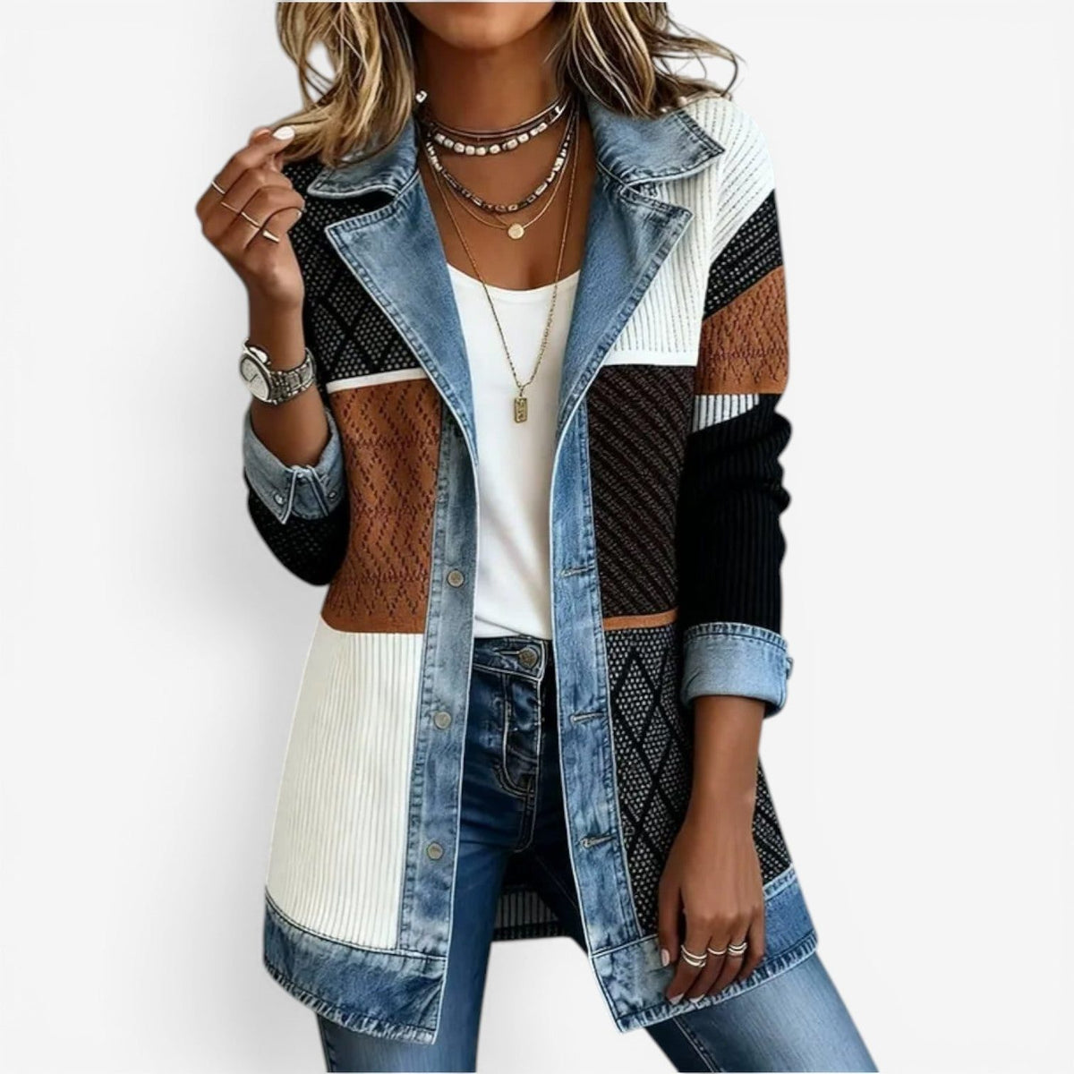 Denim Lapel Button Cardigan Jacket for Women - Mulitcolour