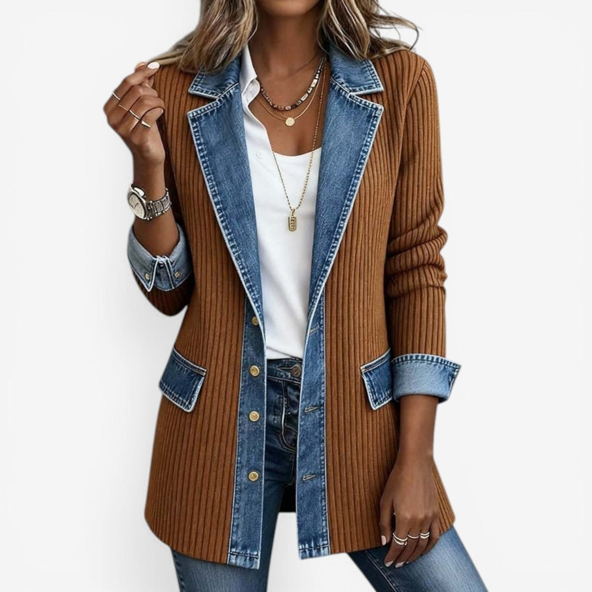 Denim Lapel Button Cardigan Jacket for Women - Khaki