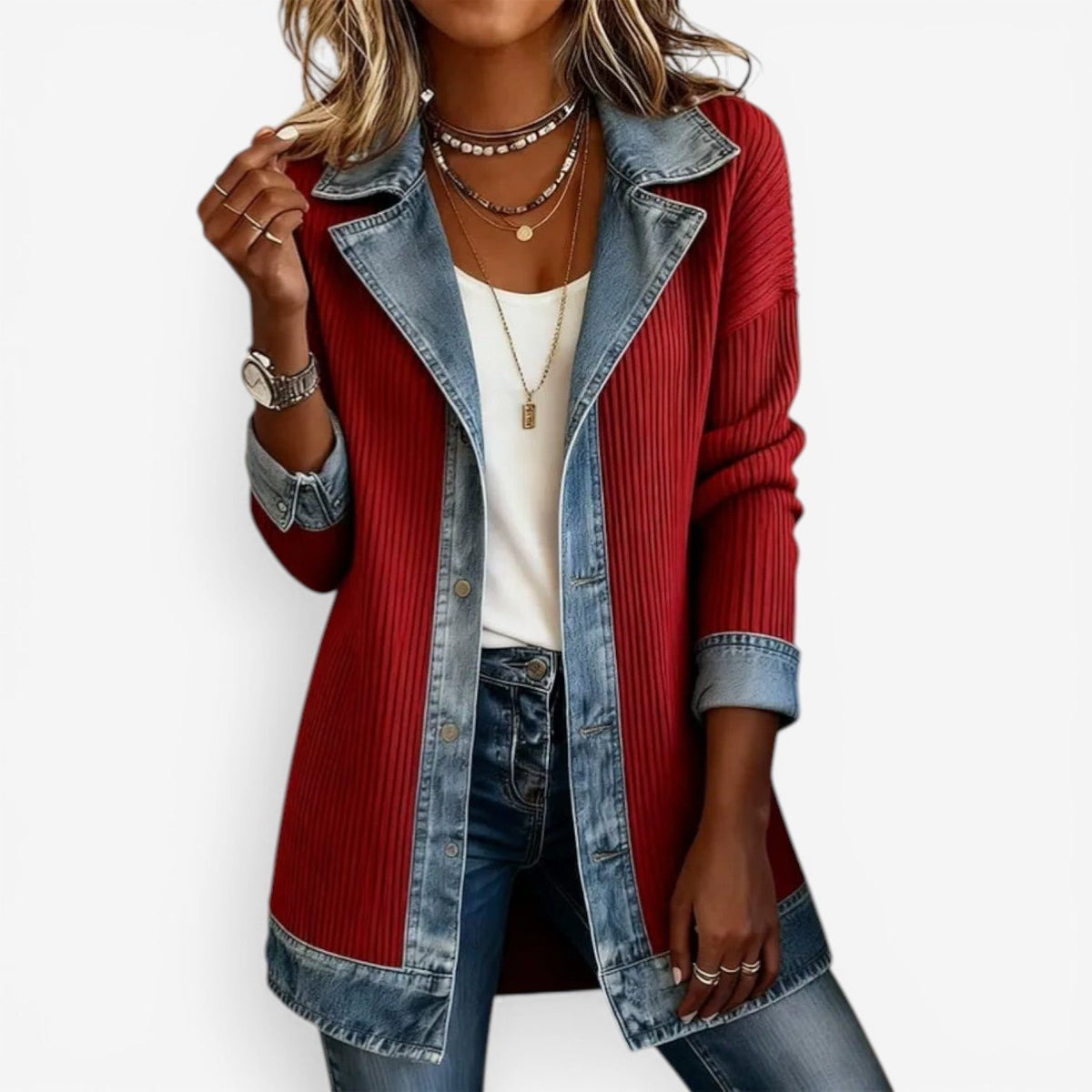 Denim Lapel Button Cardigan Jacket for Women - Red