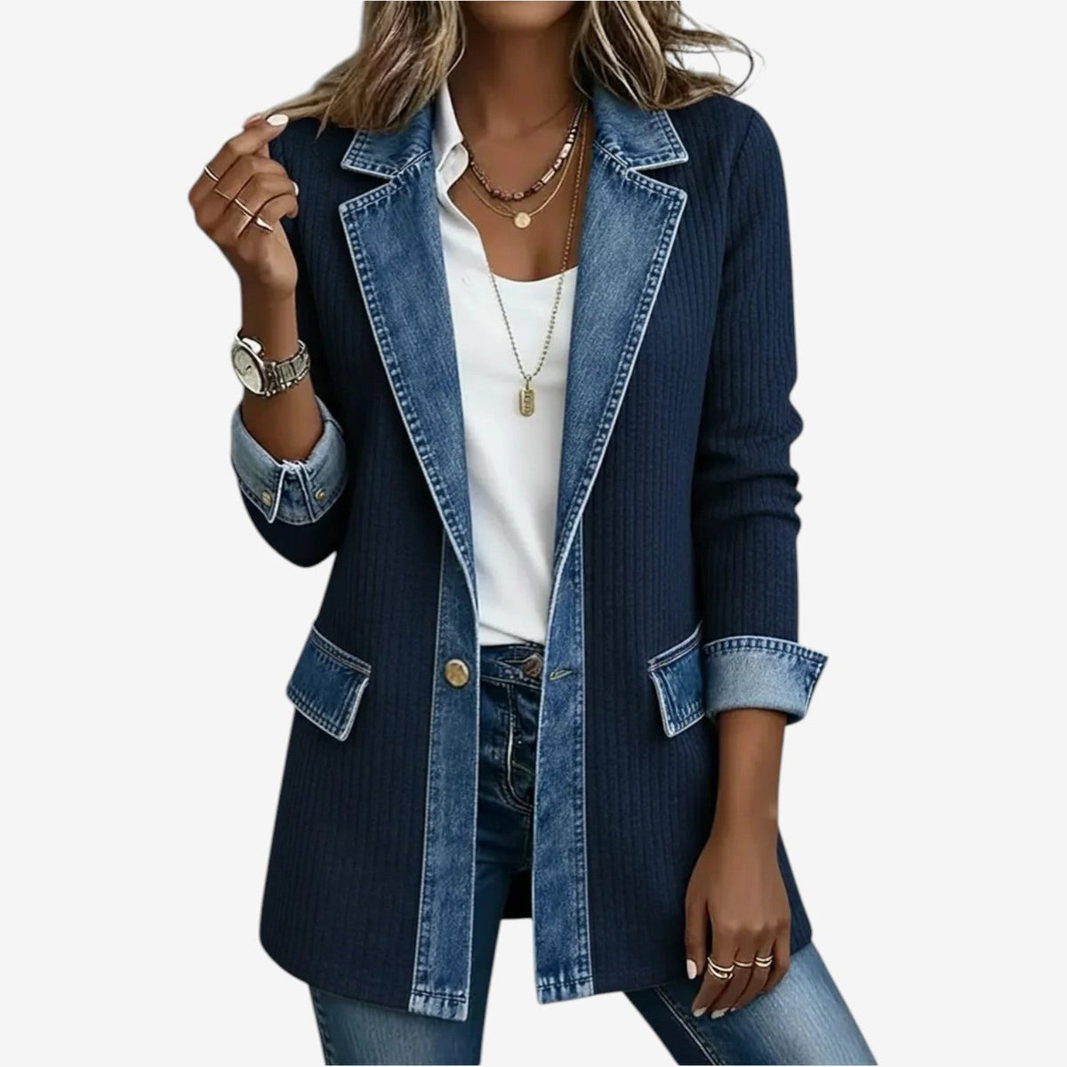 Denim Lapel Button Cardigan Jacket for Women - Navy Blue