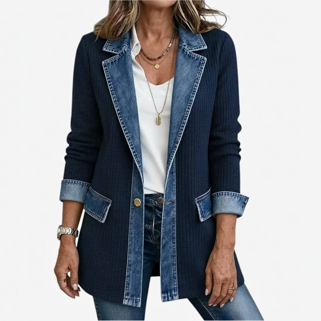 Denim Panel Ribbed Knit Long Sleeve Blazer for Women