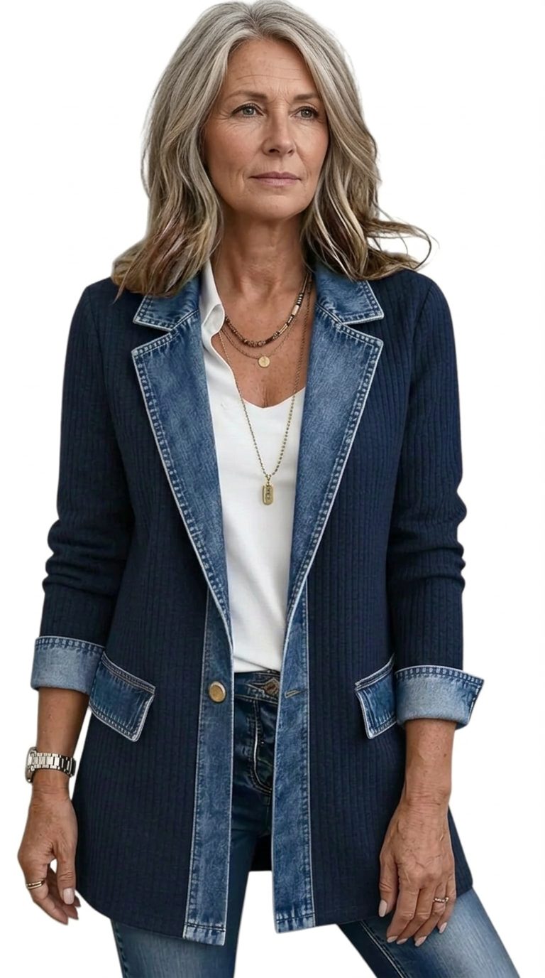 Denim Panel Ribbed Knit Long Sleeve Blazer for Women - View 10