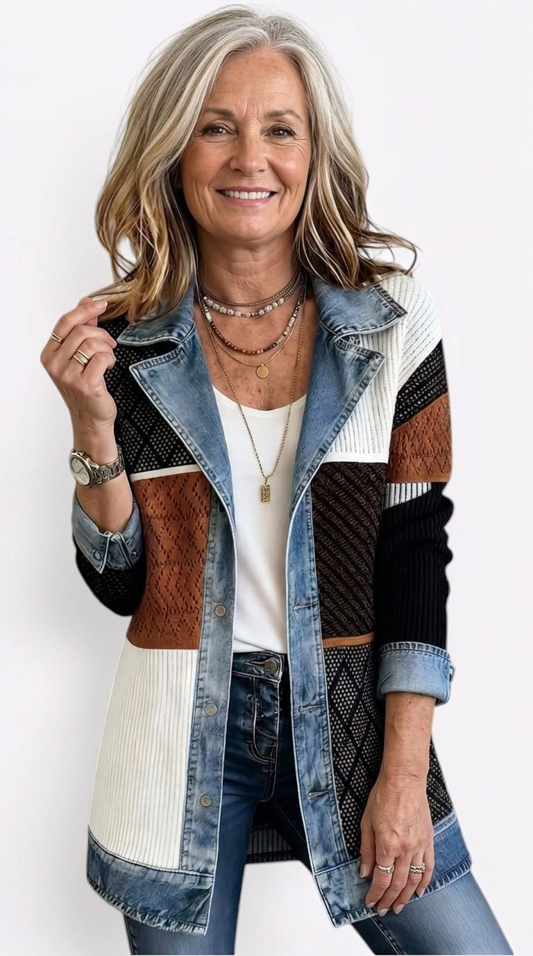 Denim Panel Ribbed Knit Long Sleeve Blazer for Women - View 11