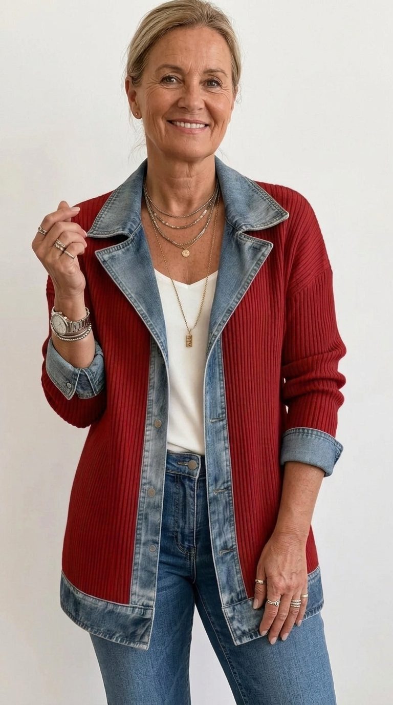 Denim Panel Ribbed Knit Long Sleeve Blazer for Women - View 12