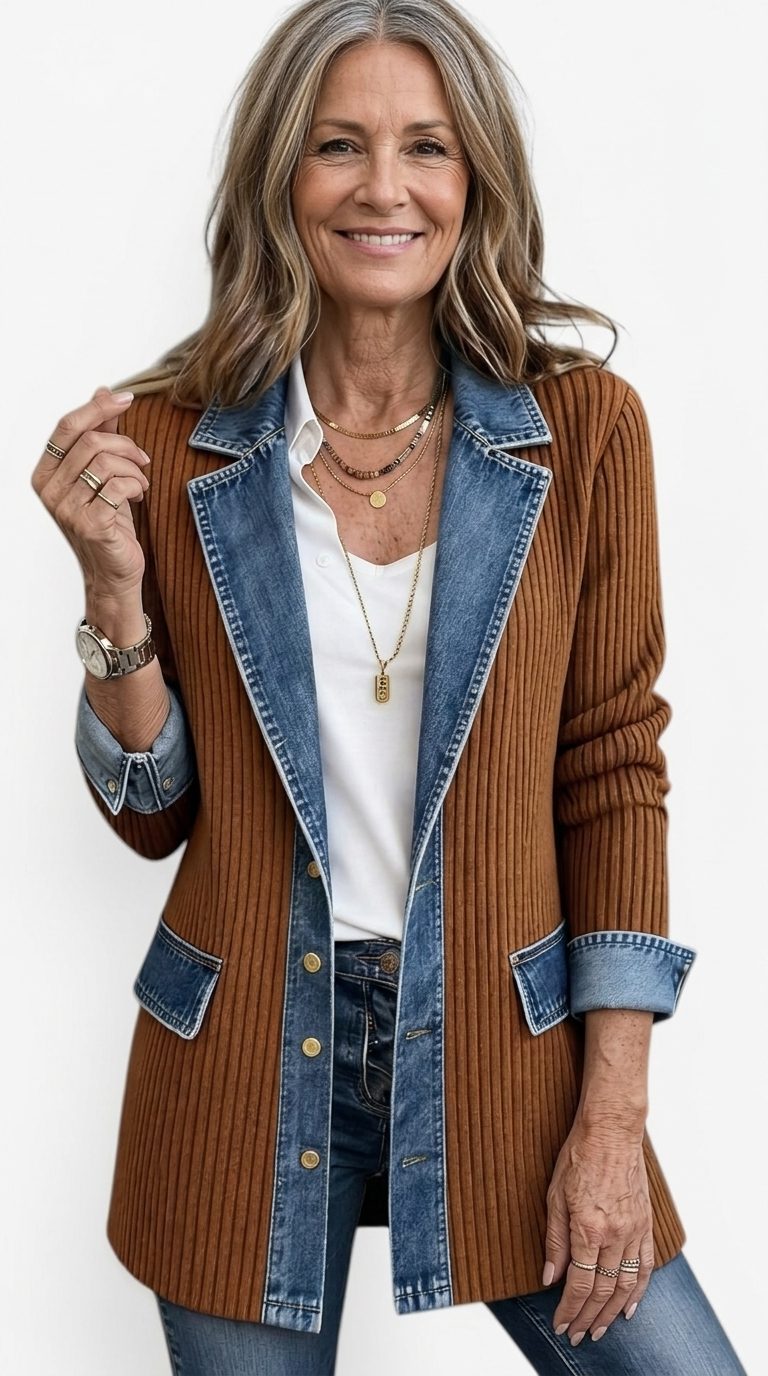 Denim Panel Ribbed Knit Long Sleeve Blazer for Women - View 13