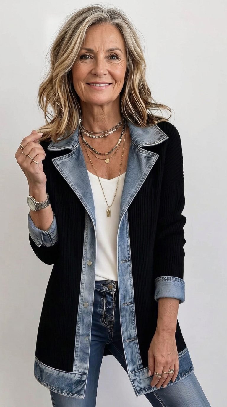 Denim Panel Ribbed Knit Long Sleeve Blazer for Women - View 14