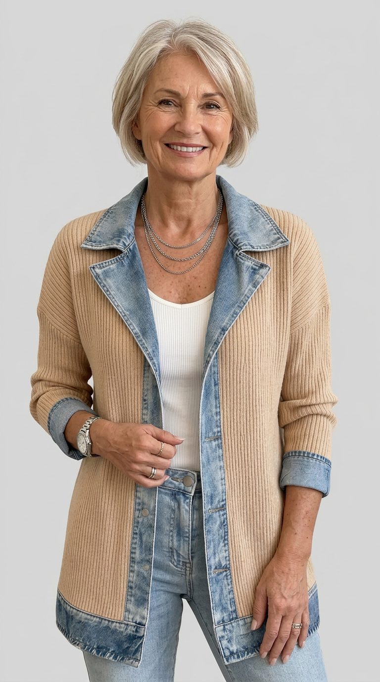 Denim Panel Ribbed Knit Long Sleeve Blazer for Women - View 15
