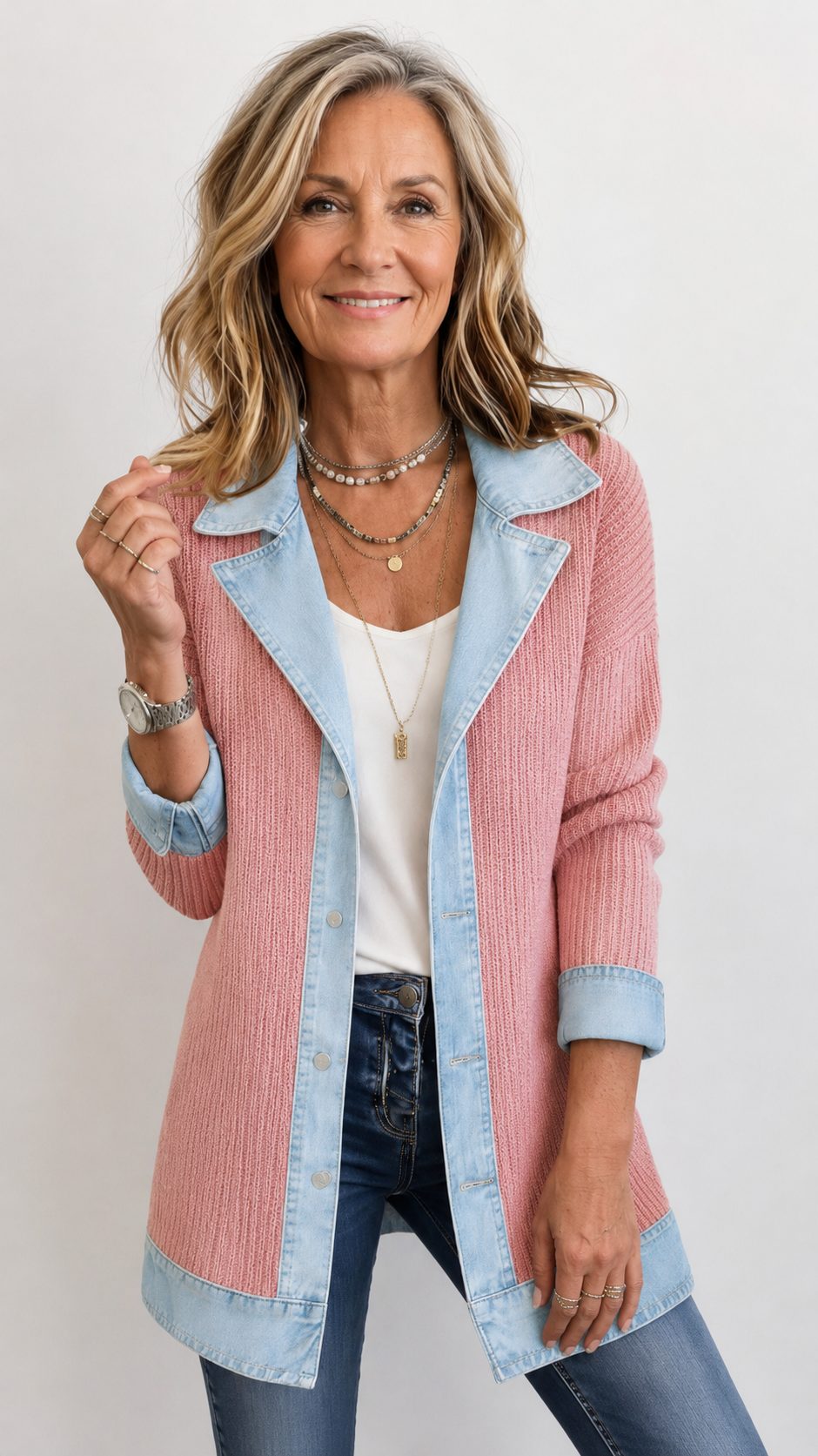 Denim Panel Ribbed Knit Long Sleeve Blazer for Women - View 16