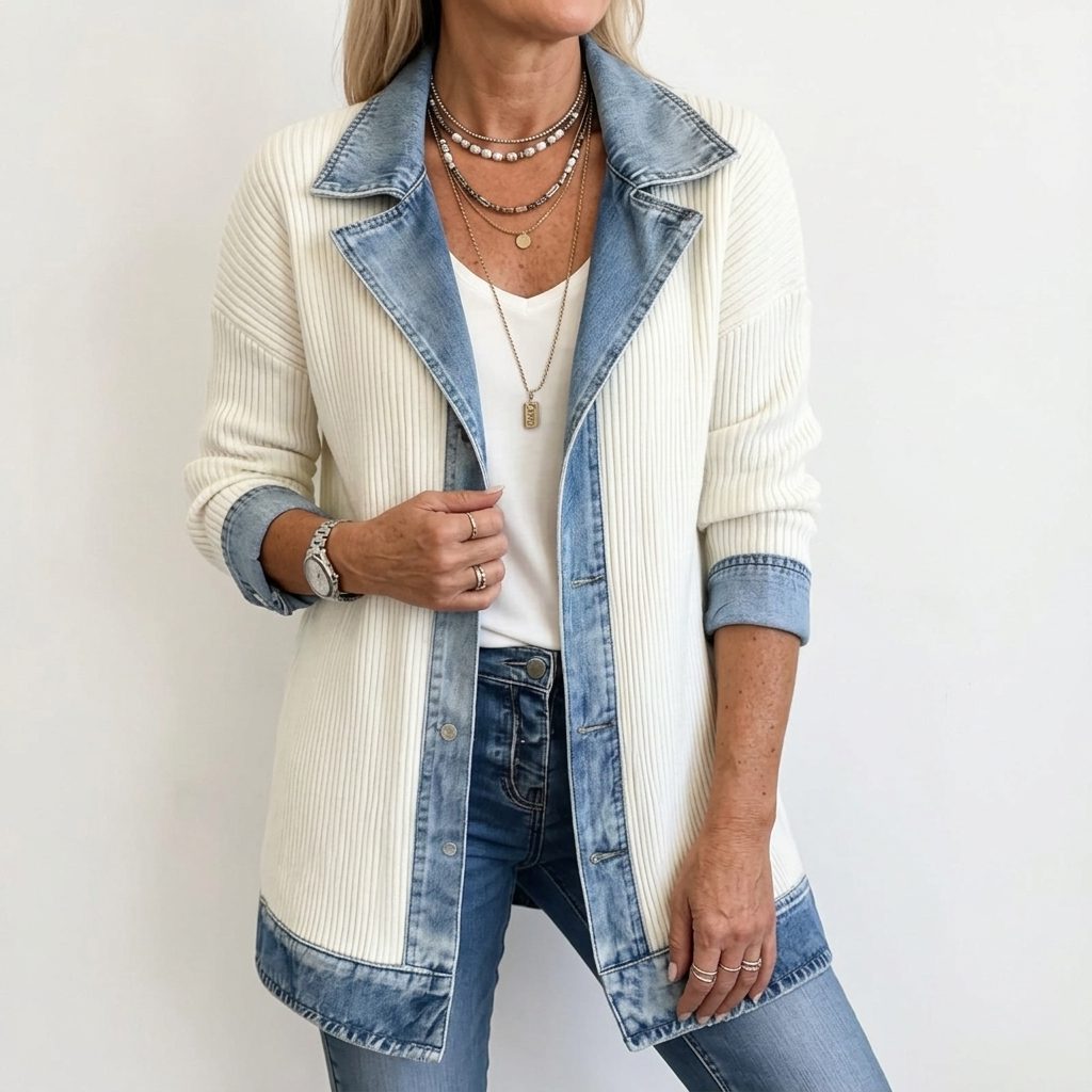 Denim Panel Ribbed Knit Long Sleeve Blazer for Women