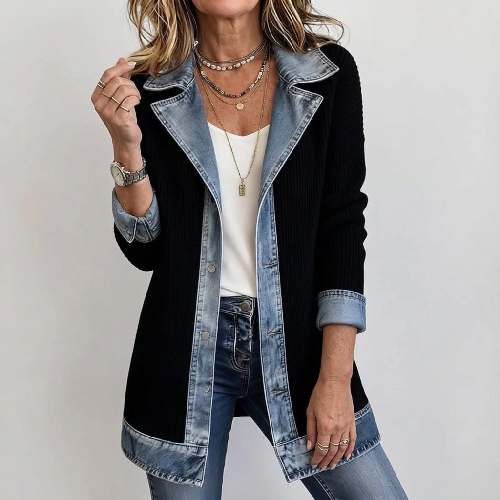 Denim Panel Ribbed Knit Long Sleeve Blazer for Women - Black