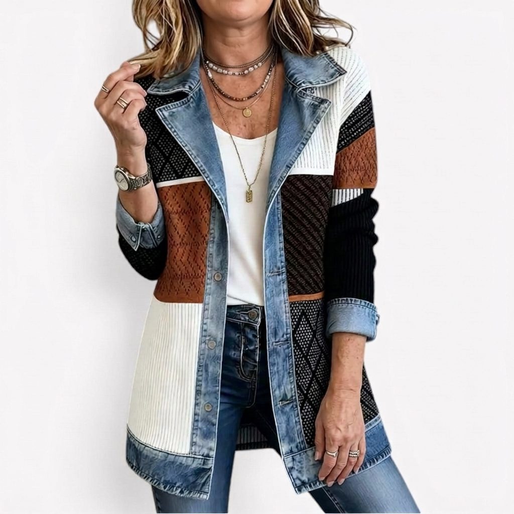 Denim Panel Ribbed Knit Long Sleeve Blazer for Women - Mixed