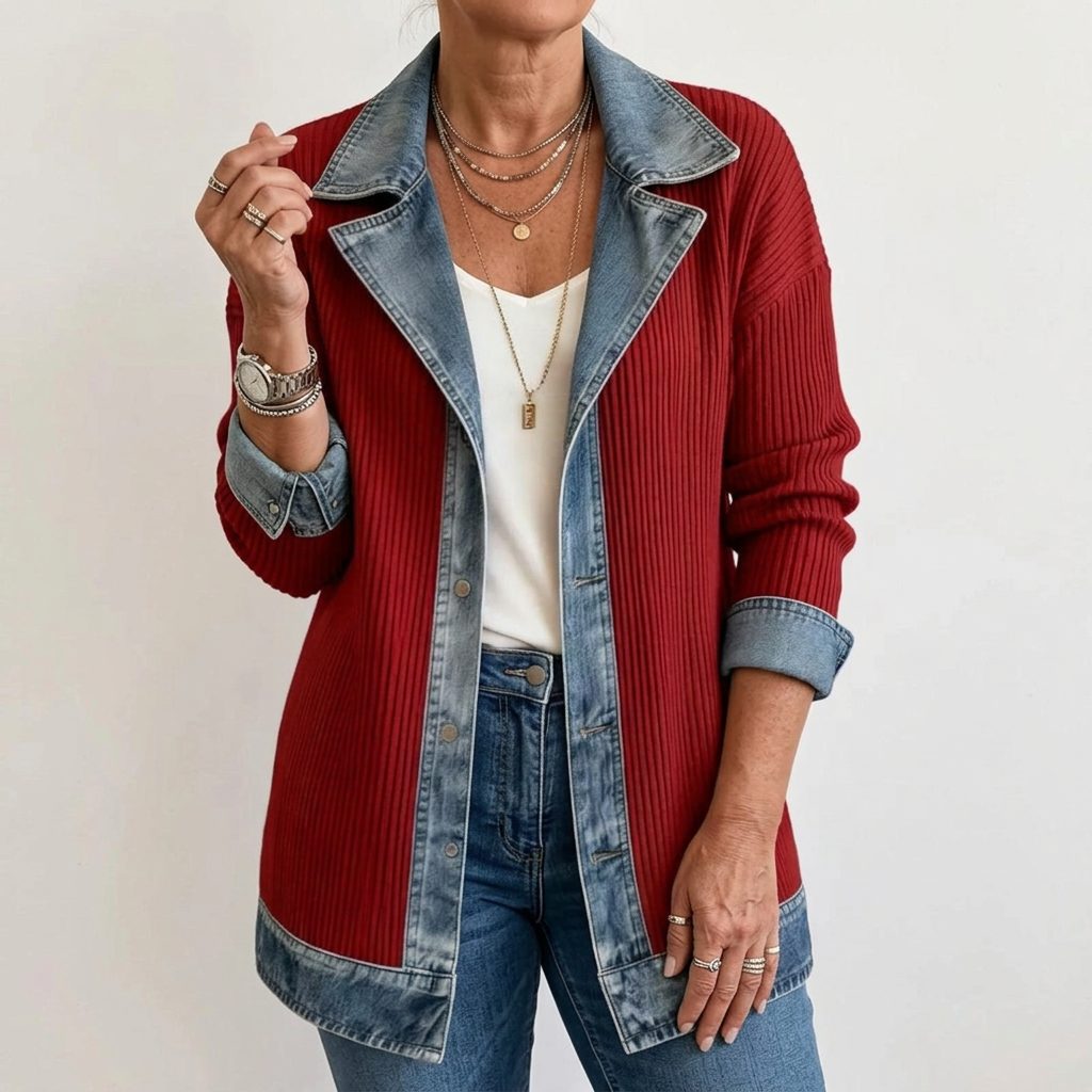 Denim Panel Ribbed Knit Long Sleeve Blazer for Women - Red