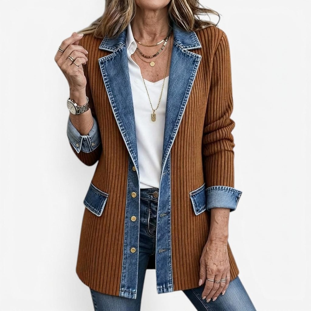 Denim Panel Ribbed Knit Long Sleeve Blazer for Women - Khaki