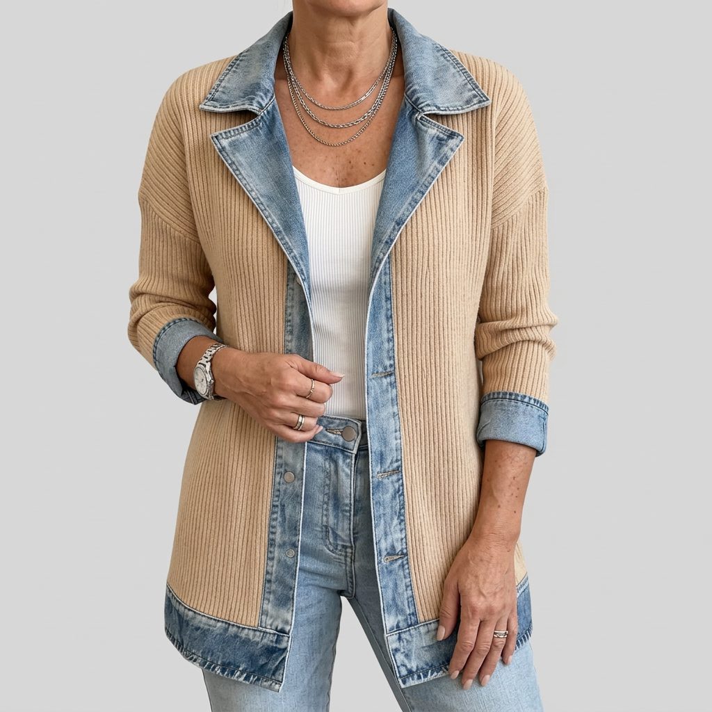 Denim Panel Ribbed Knit Long Sleeve Blazer for Women - Apricot