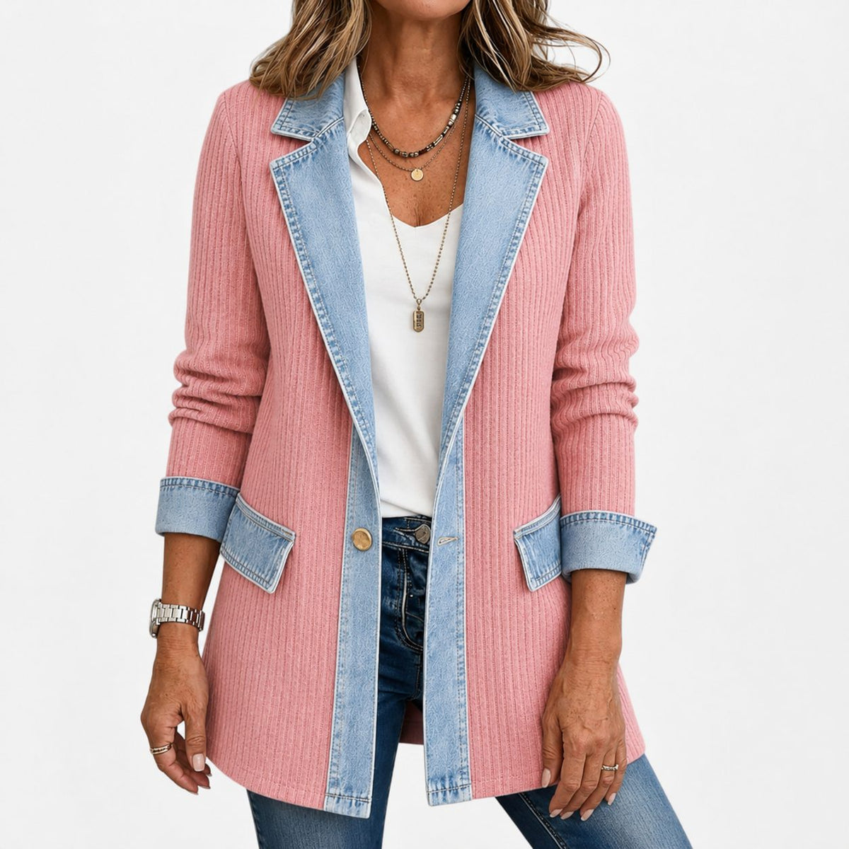 Denim Panel Ribbed Knit Long Sleeve Blazer for Women - Pink