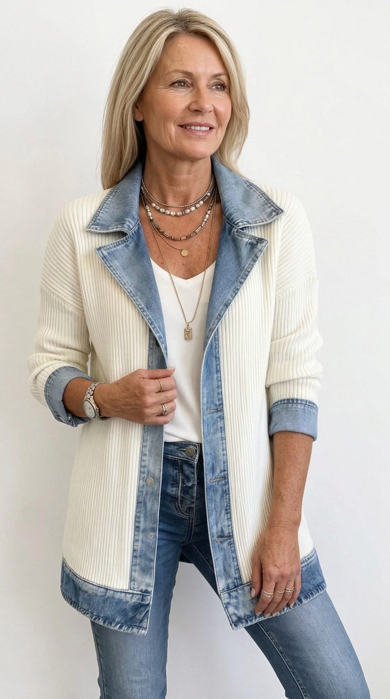 Denim Panel Ribbed Knit Long Sleeve Blazer for Women - View 9