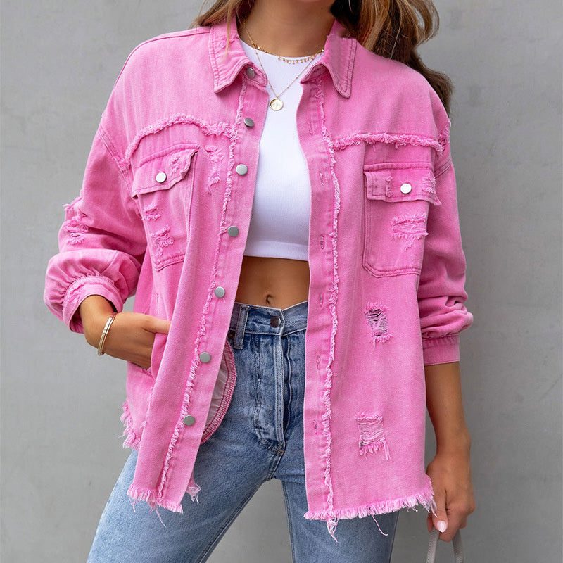 Distressed Oversized Jean Jacket for Women