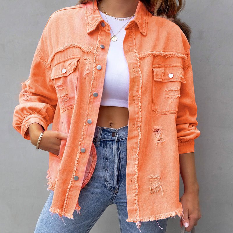 Distressed Oversized Jean Jacket for Women - Orange