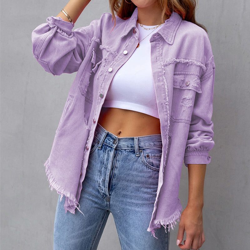 Distressed Oversized Jean Jacket for Women - Purple