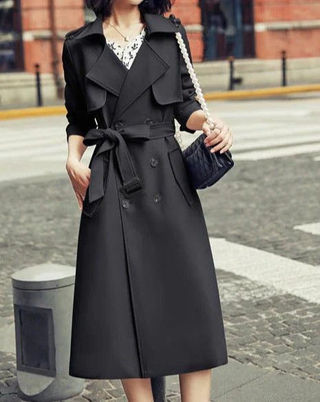 Double-Breasted Belted Trench Coat for Women - Black