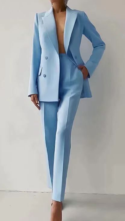 Double-Breasted Blazer Suit for Women - Light Blue