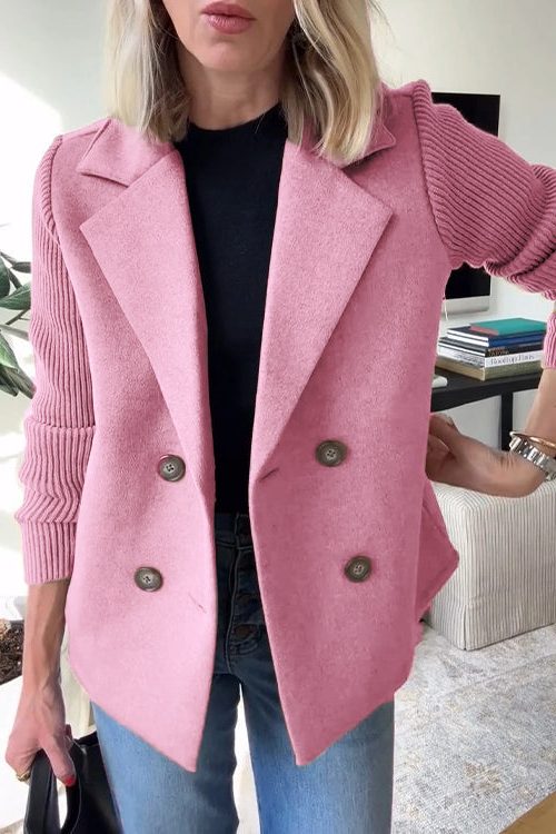 Double-Breasted Knit-Sleeve Blazer for Women - Pink