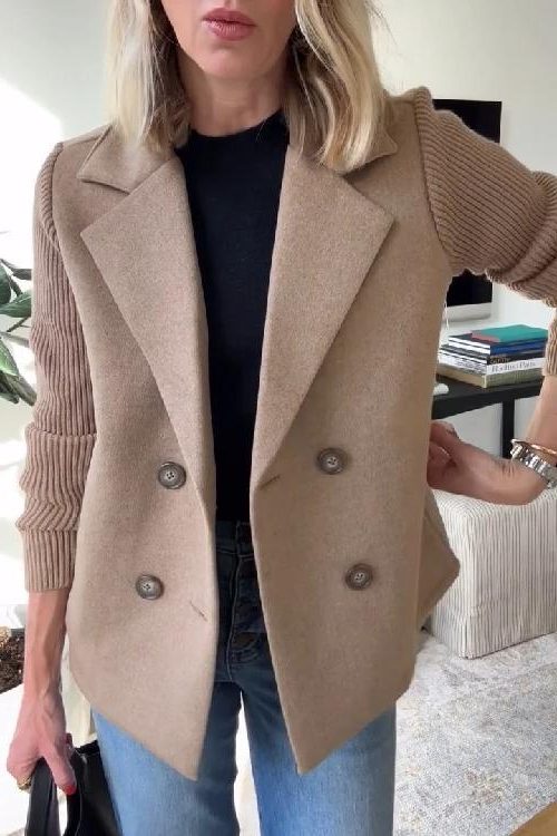 Double-Breasted Knit-Sleeve Blazer for Women
