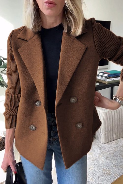 Double-Breasted Knit-Sleeve Blazer for Women - Dark Brown