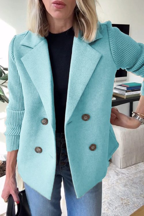 Double-Breasted Knit-Sleeve Blazer for Women - Light Blue