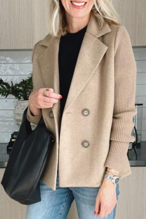 Double-Breasted Knit-Sleeve Blazer for Women - Khaki