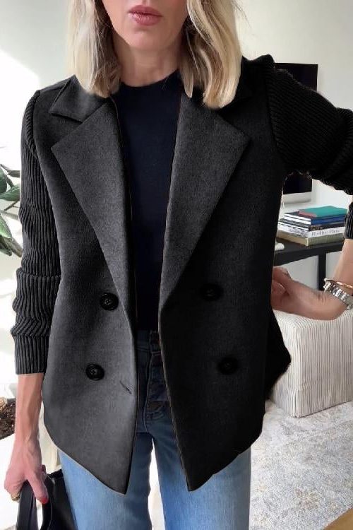 Double-Breasted Knit-Sleeve Blazer for Women - Black