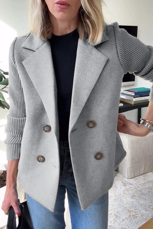 Double-Breasted Knit-Sleeve Blazer for Women - Grey
