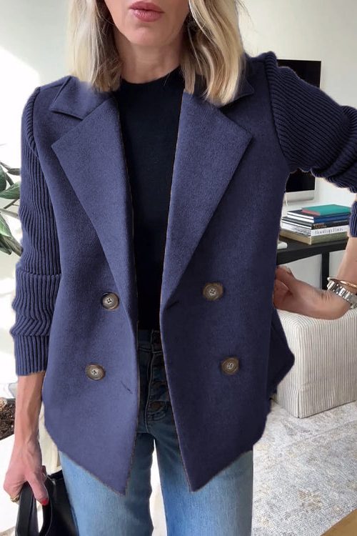 Double-Breasted Knit-Sleeve Blazer for Women - Blue