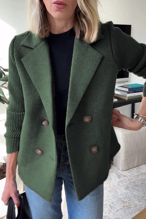 Double-Breasted Knit-Sleeve Blazer for Women - Green