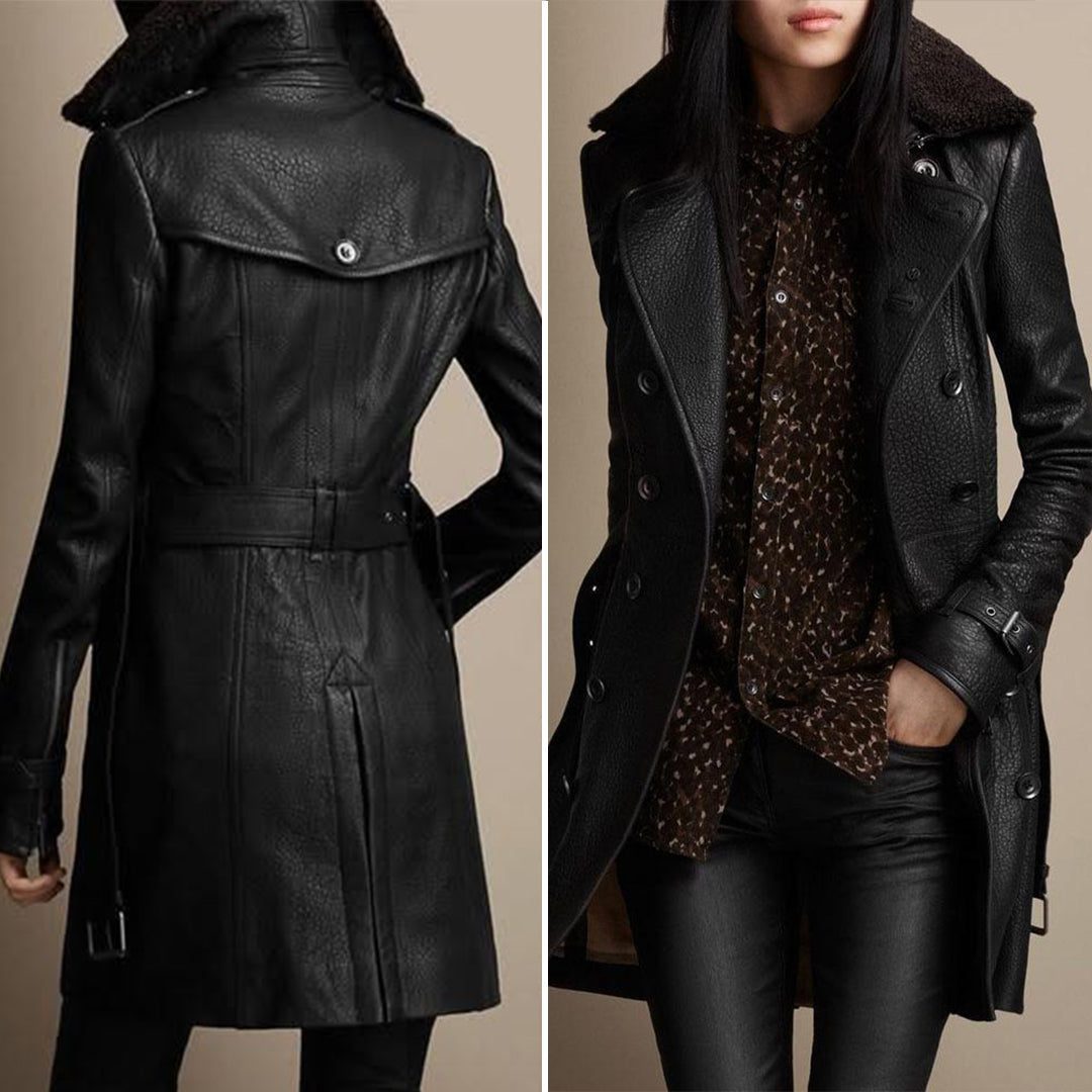 Double-Breasted Leather Trench Coat for Women - View 2