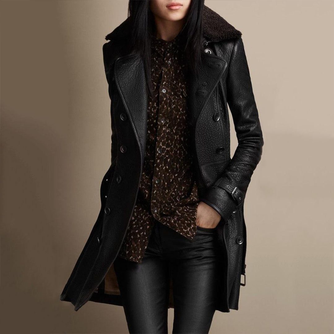 Double-Breasted Leather Trench Coat for Women - View 3