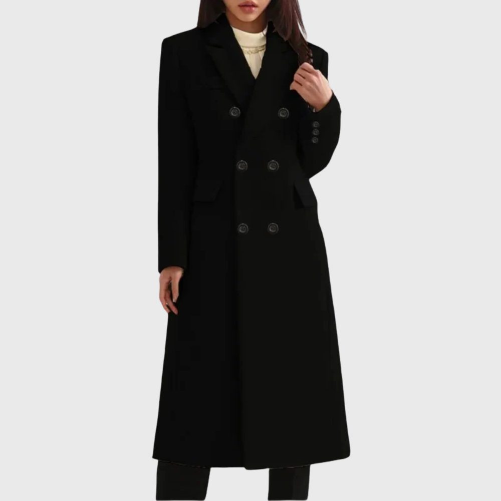 Double-Breasted Long Overcoat for Women - Black