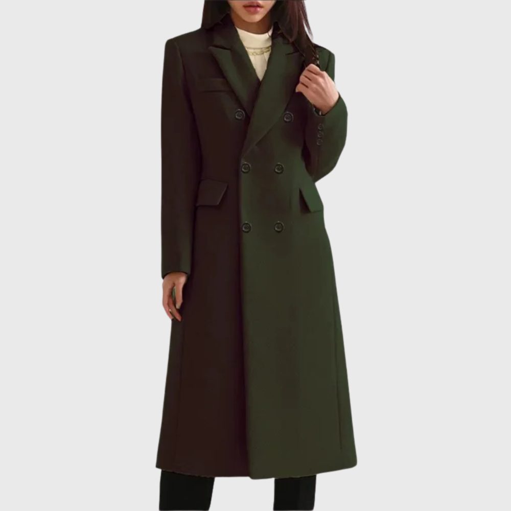 Double-Breasted Long Overcoat for Women - Dark green
