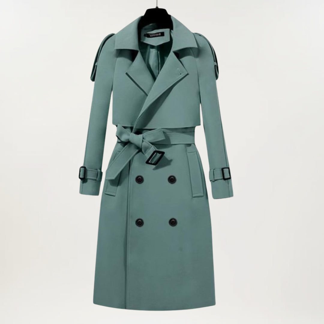 Longline Trench Coat with Double-Breasted Front, Belt and Buckled Cuffs for Women