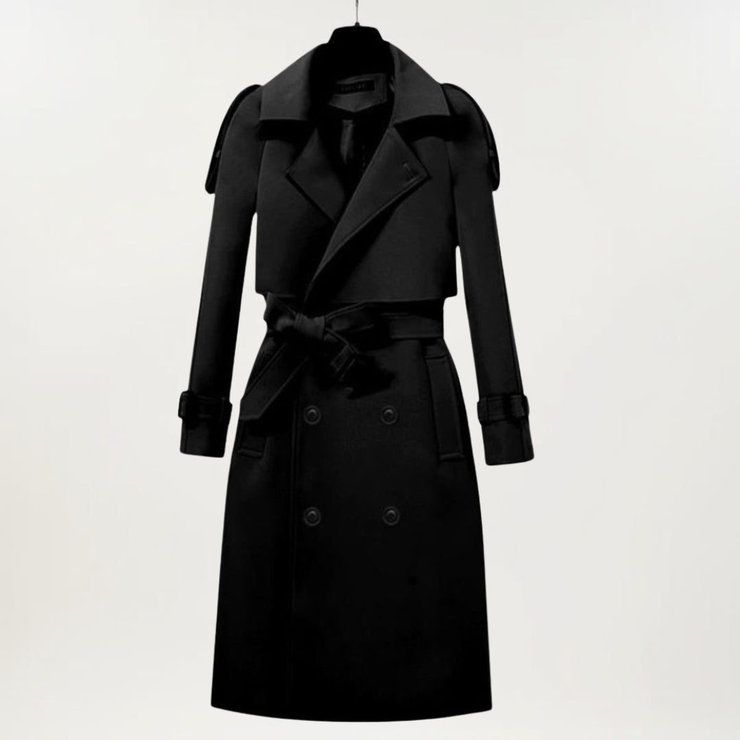 Longline Trench Coat with Double-Breasted Front, Belt and Buckled Cuffs for Women - Black